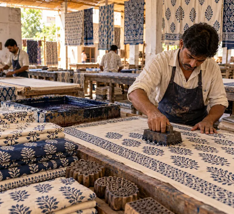Hand block printing textiles