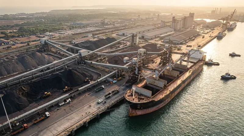 Aerial view of a bulk cargo port and vessel