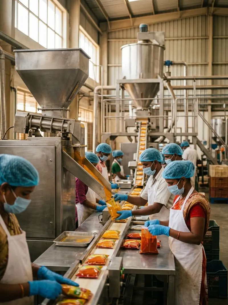 Workers packing spice pouches on a factory line