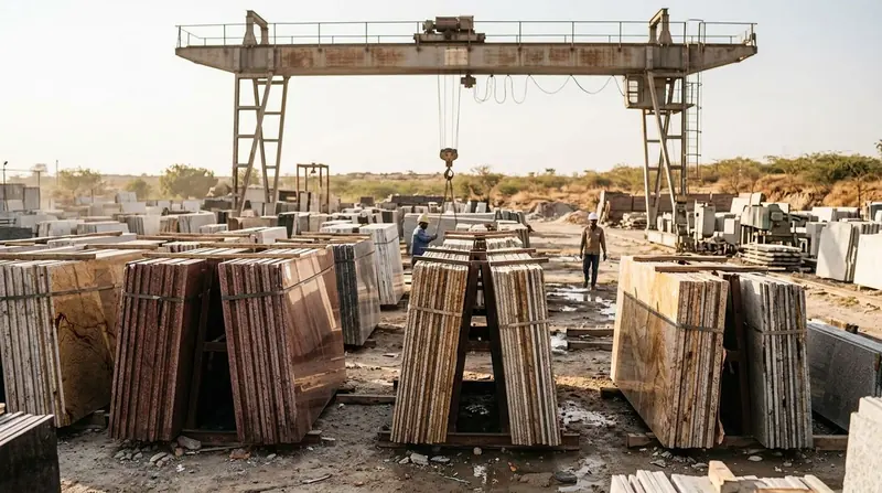 Granite and marble slabs in a stone yard