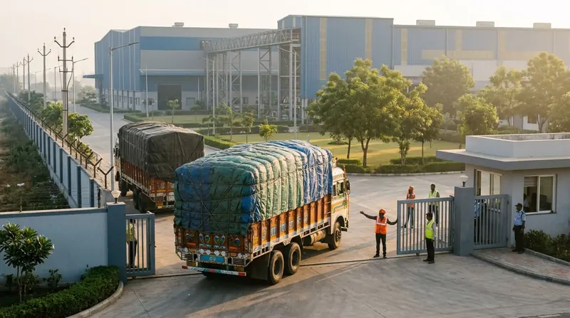 Loaded trucks leaving a factory gate in India