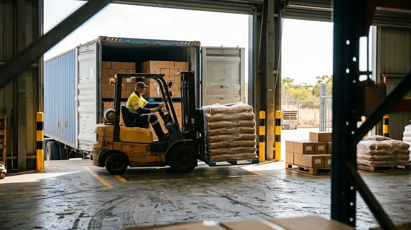 Forklift moving a pallet at a container dock